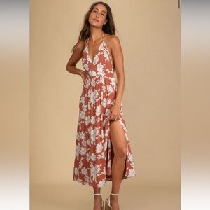 Lulus orange floral halter midi dress